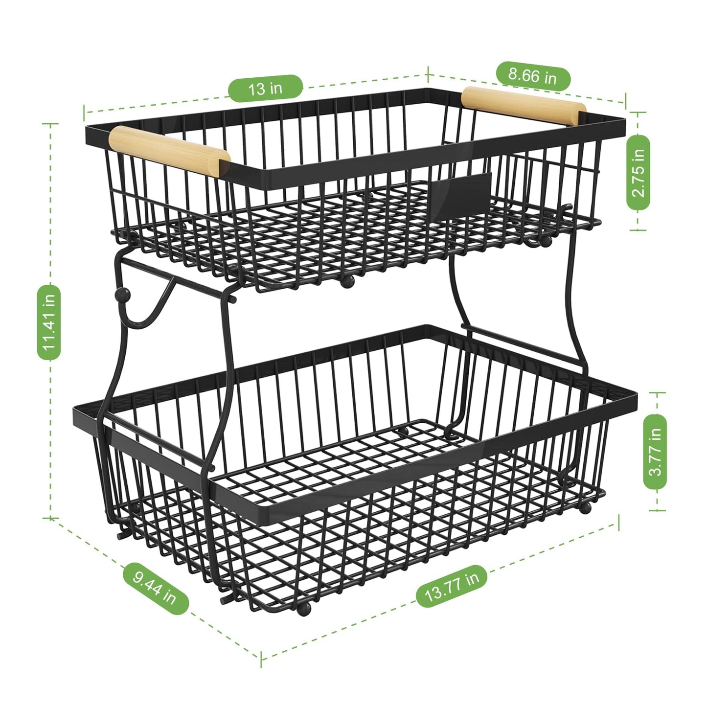 Astrorhine 2 Tier Fruit Basket for Kitchen with 2 Banana Hangers, Detachable Metal Fruit Bowl for Kitchen Counter with Wooden Handle, Large Capacity Storage Stand for Bread Snack Fruit Veggies, Black