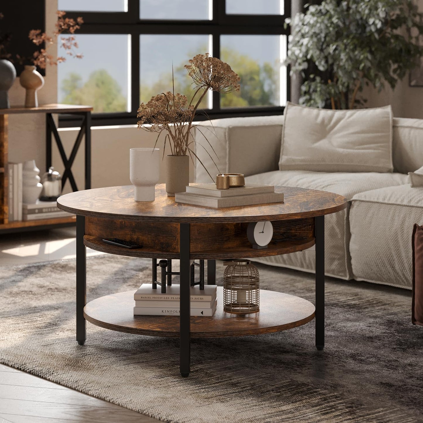 FABATO Round Lift Top Coffee Table with Storage and Hidden Compartment, 26.77'' Farmhouse Coffee Table for Living Room Reception Room, 2 Tier Small Round Coffee Table Circle Dining Table, Rustic Brown