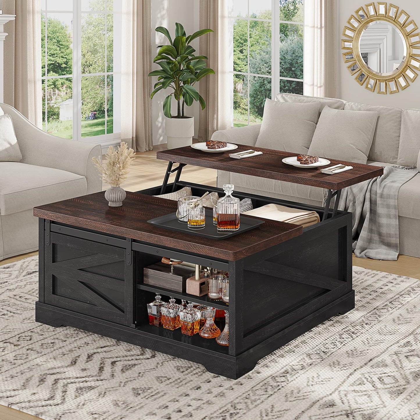 Itaar 39.4'' Lift Top Coffee Table with Storage, Farmhouse Coffee Tables for Living Room, Square Coffee Table with Large Hidden Compartment & 2 Drawers & Adjustable Shelves, Black