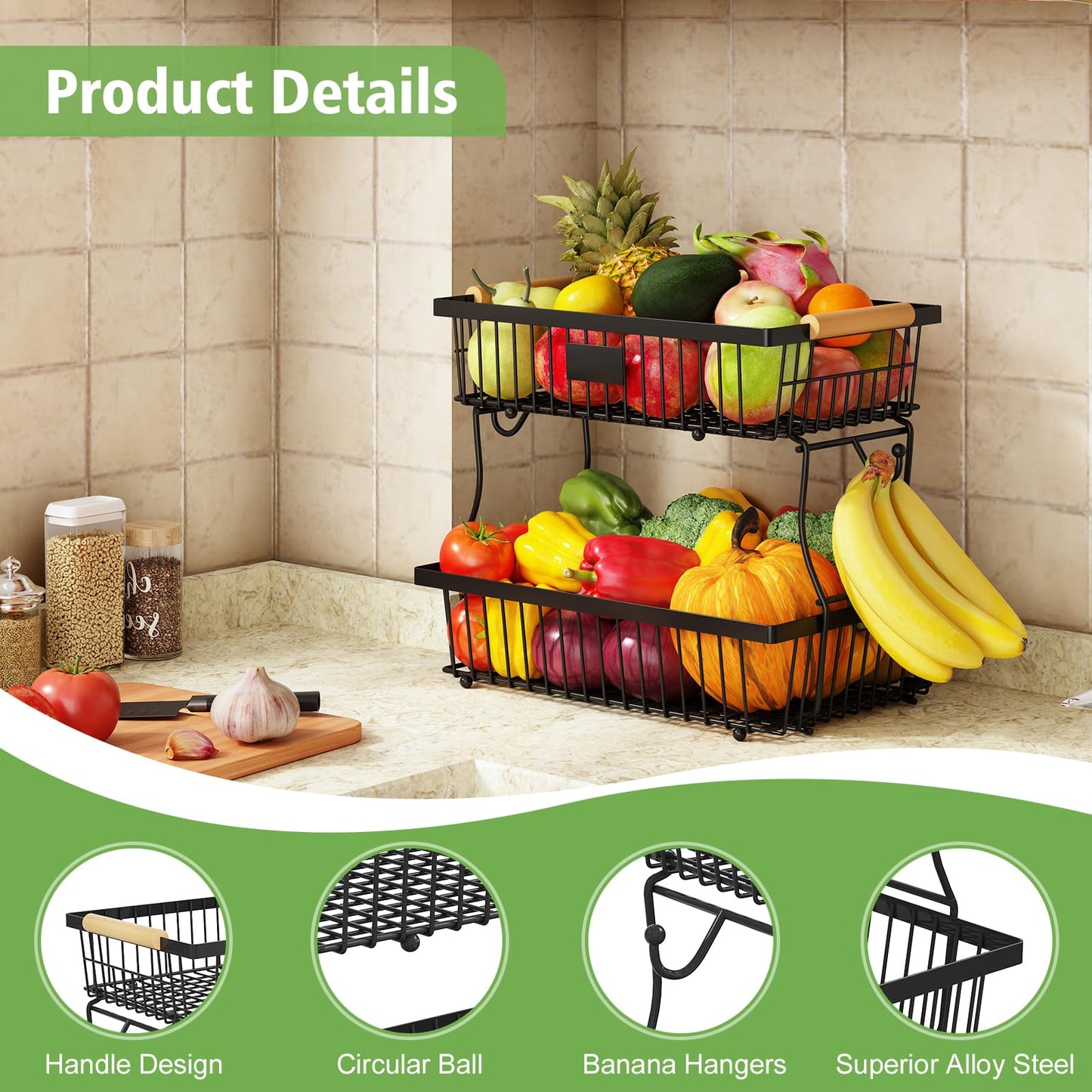 Astrorhine 2 Tier Fruit Basket for Kitchen with 2 Banana Hangers, Detachable Metal Fruit Bowl for Kitchen Counter with Wooden Handle, Large Capacity Storage Stand for Bread Snack Fruit Veggies, Black