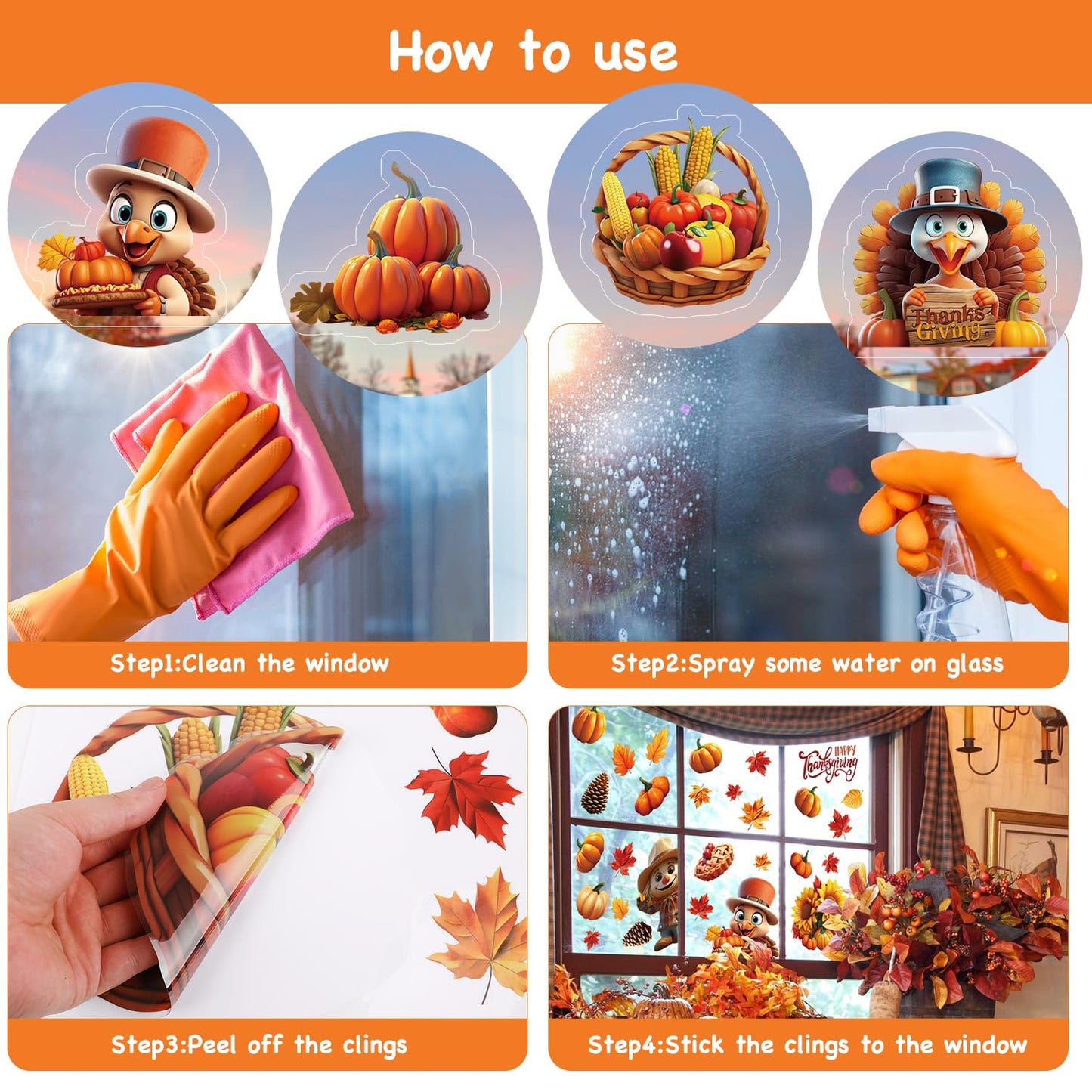 LOKIPA 3D Thanksgiving Window Stickers, 8 Sheets Thanksgiving Window Clings Double Sided Window Decals for Thanksgiving Window Decorations, Yellow