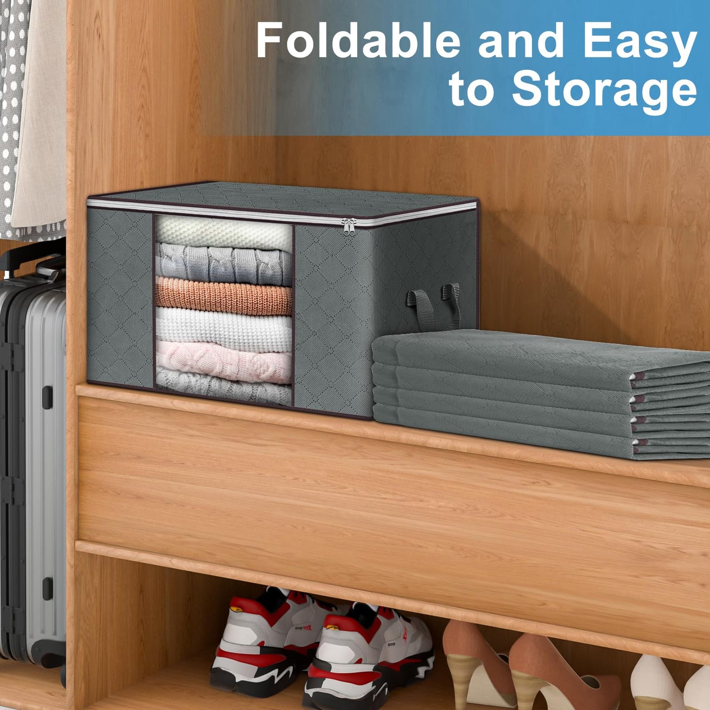 Budding Joy Clothes Storage, Foldable Large Storage Bags, Storage and Organization for Clothing, Blanket, Comforter, Clothes, Pillows, Toys, Closet Organizers with Enhanced Handle, 60L 12 Pack