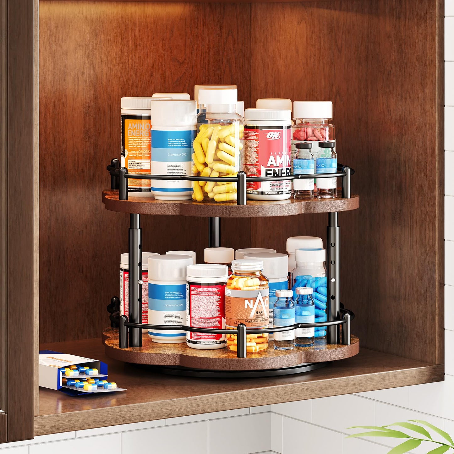 Lazy Susan Spice Rack Organization for Cabinet - 2 Tier Adjustable Height Lazy Turntable Spice Organizer for Kitchen Countertop & Pantry, Wood 10 Inch Seasoning Storage, Black