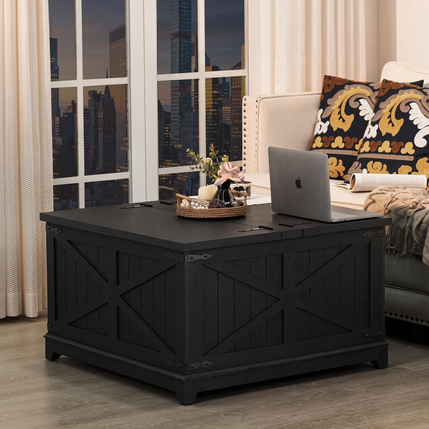 Joaxswe Farmhouse Coffee Table with Hidden Storage Organizer, Black Square Large Center Table, Wood Farm House Low Modern Living Room Tables with Hinged Lift Top for Home, Office