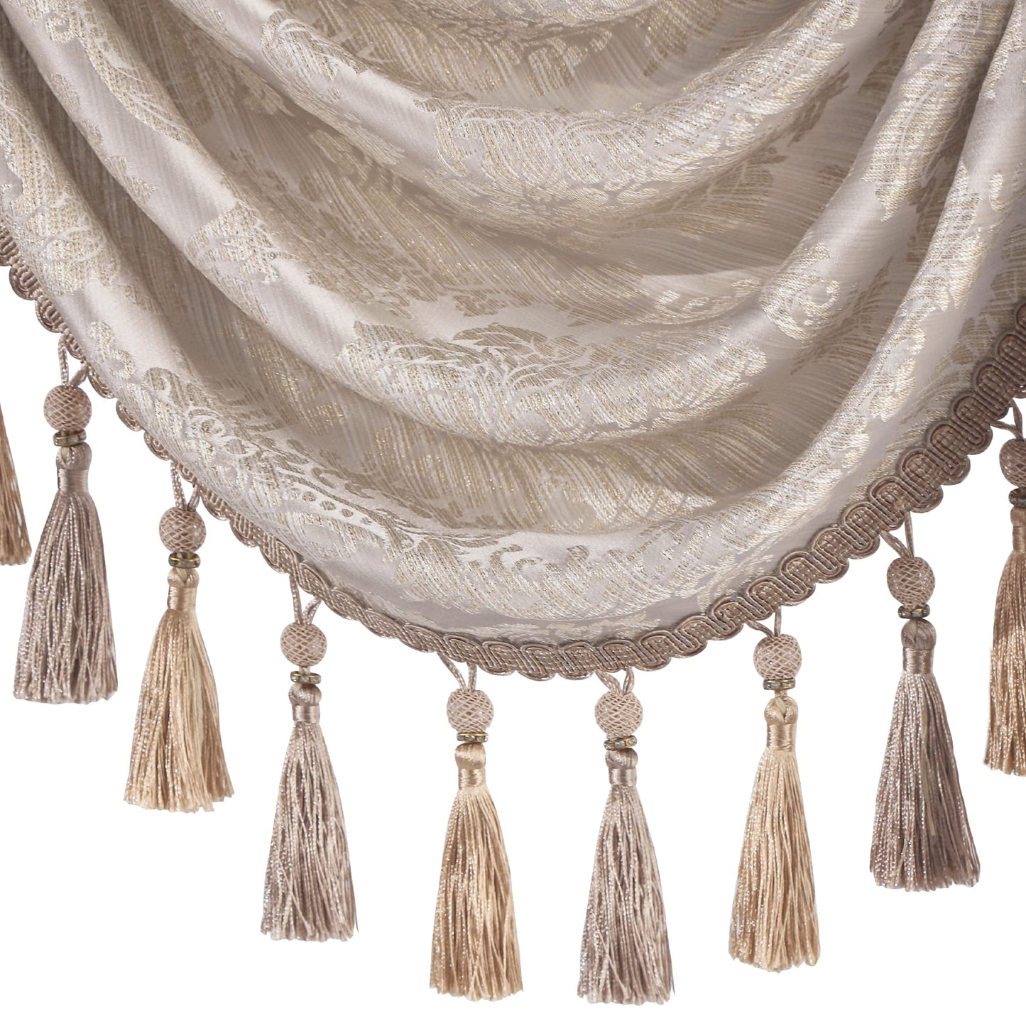 Loom and Mill Luxury Jacquard Waterfall Valance for Living Room, Floral Damask Swag Window Valances with Multi-Tassels, Elegant Swag Curtains for Bedroom Holiday Banquet Decor(W39, Light Taupe+Gold)
