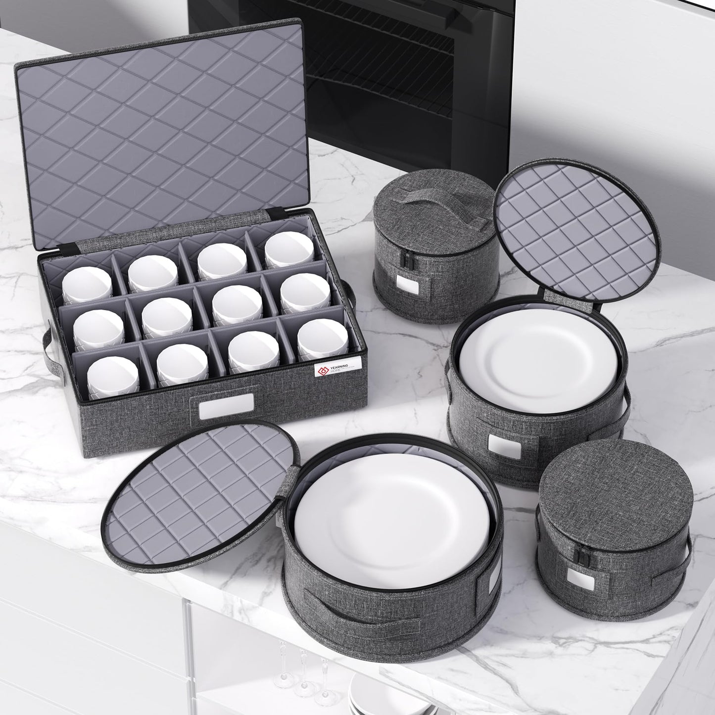China Storage Containers Hard Shell Box for Moving Dishes, Plate, Wine and Glasses, Dinnerware, Mugs, Saucers Quilted Organizer Dividers for Packing Fine China Storage Containers 5Piece Grey
