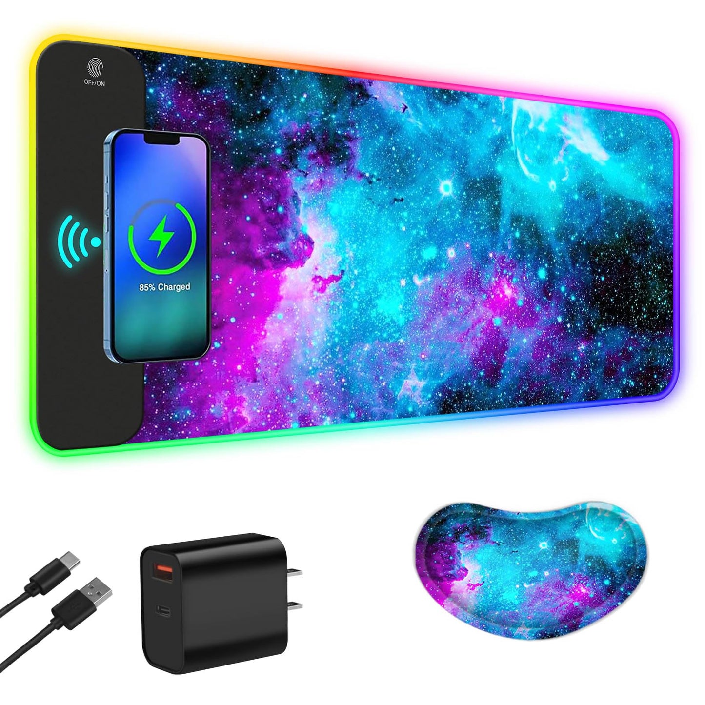 ToLuLu Wireless Charging RGB Gaming Mouse Pad, 15W LED Mouse Mat with 30W Charger, 14 Light Modes Large Mousepad with Wrist Support, Non-Slip Rubber Base Desk Mat Computer PC Keyboard Pad World Map