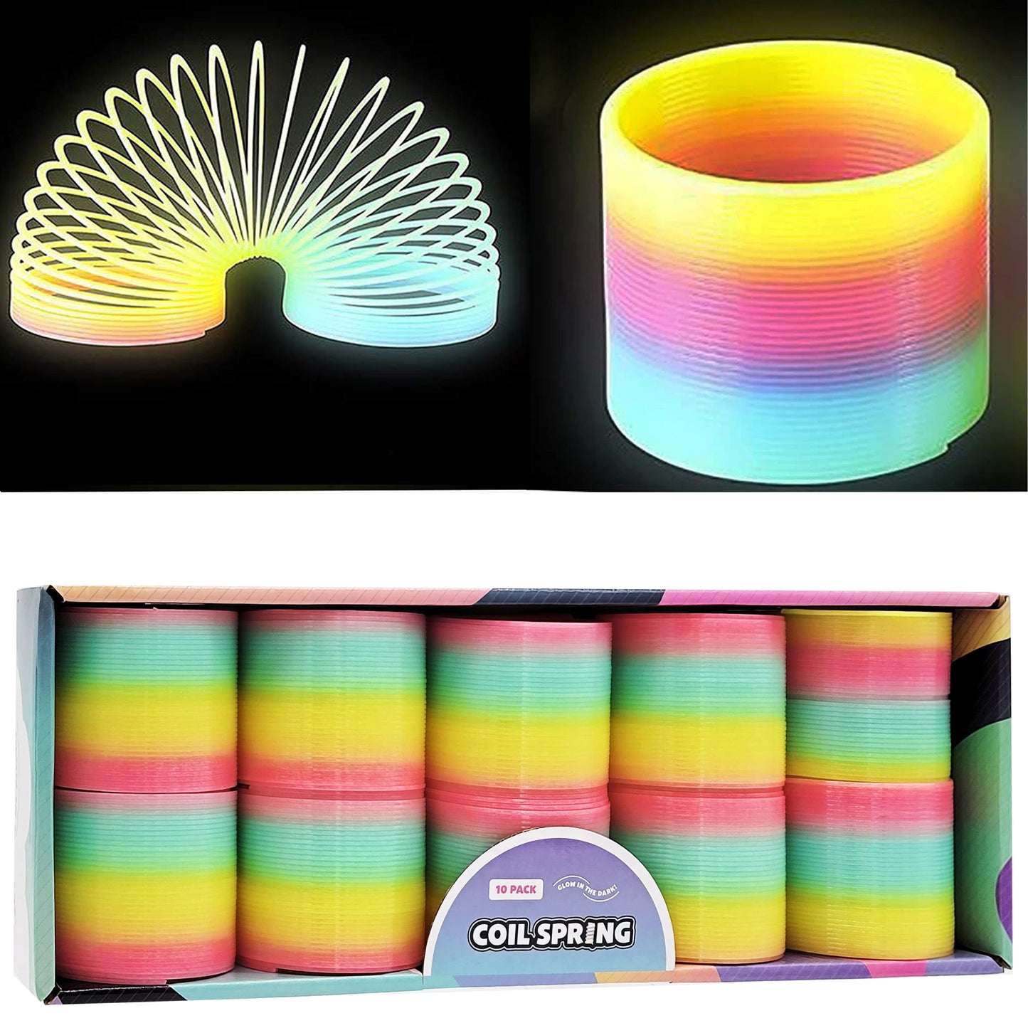The Dreidel Company Plastic Coil Spring, Glow-In-The-Dark Magic Rainbow Slingy, Party Favor, Birthday Bag Filler, Stocking Stuffers, 3" (80MM) (2-Pack)