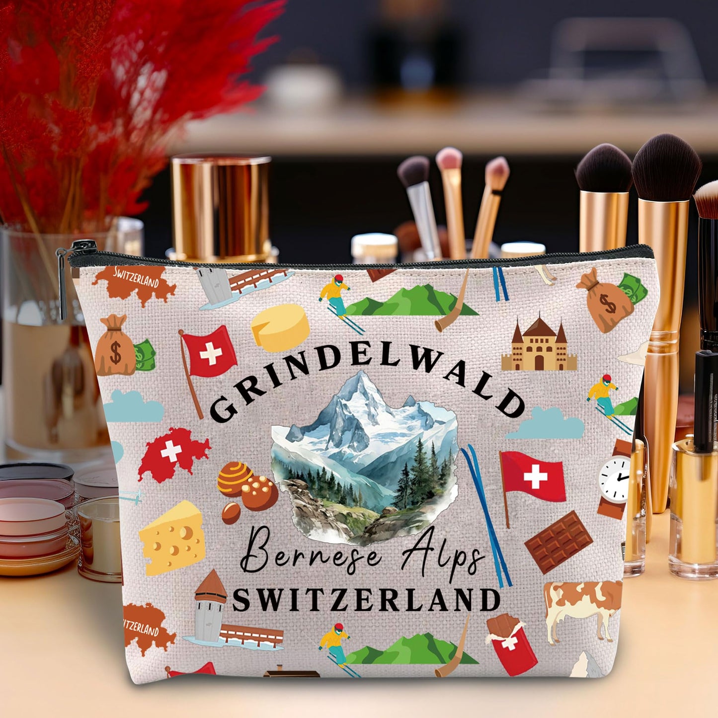 Zuo Bao Switzerland Cosmetic Bag Travel To Switzerland Gift Swiss Flags Suisse Vacation Toiletry Bag Swiss Alps Makeup Bag Travel In Europe Gift (GRINDELWALD)