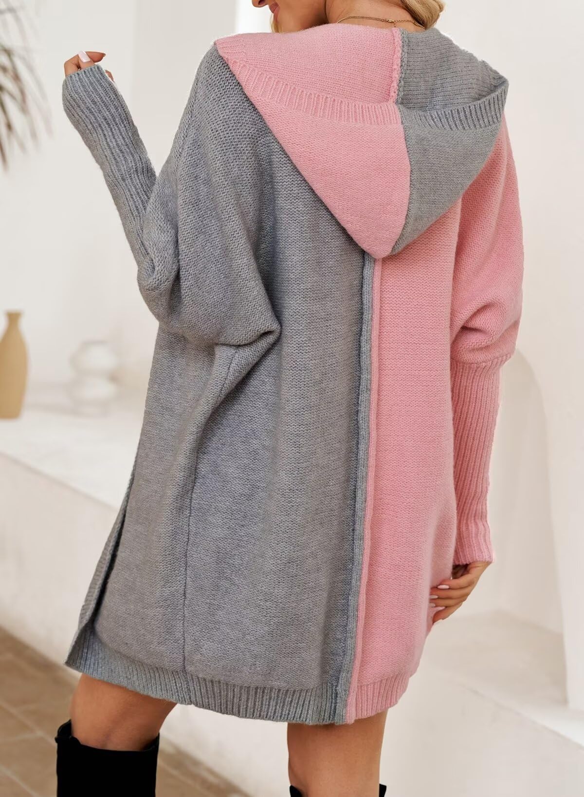 Astylish Womens Oversized Knit Cardigan Sweaters Fall Fashion Loose Color Block Batwing Sleeves Coat Pink Medium