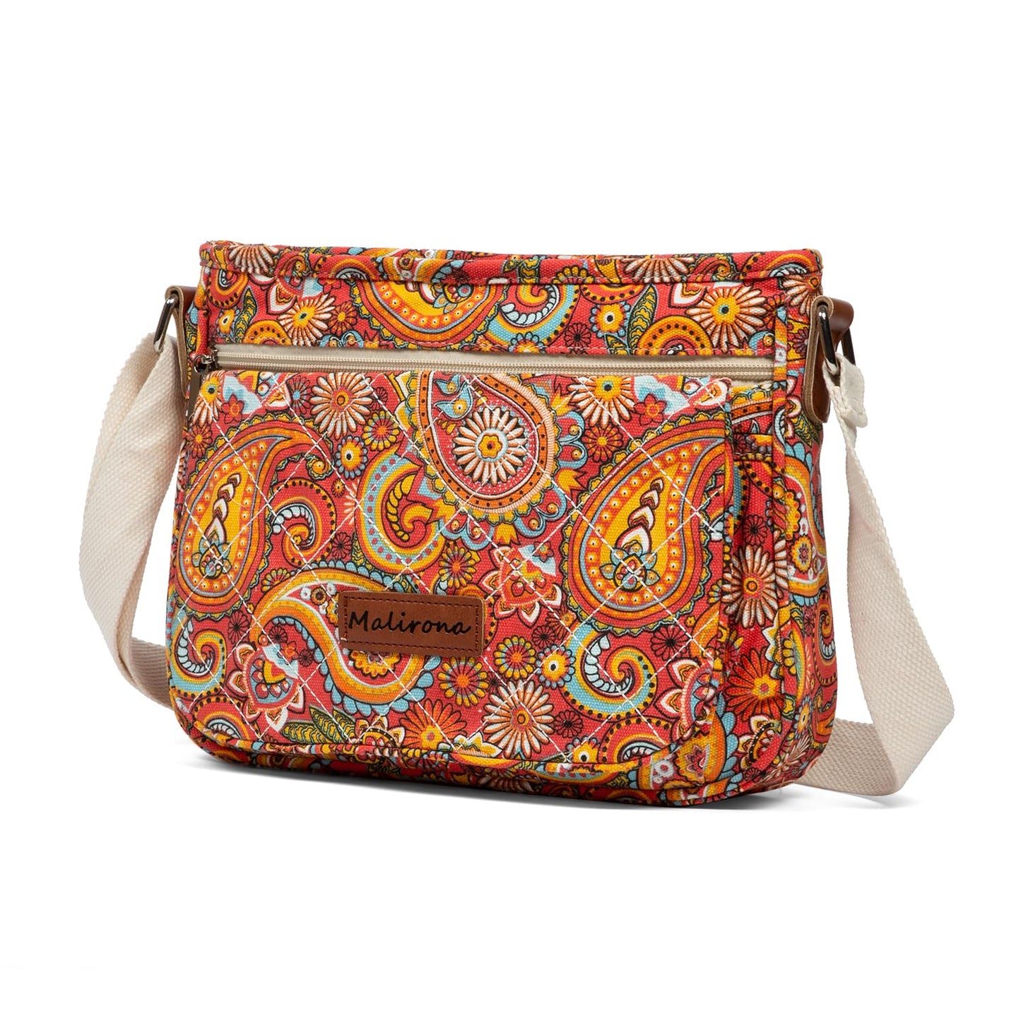 Malirona Women 's Durable Floral Crossbody Bag Canvas Messenger Handbag Multi Pocket Travel Satchel Purse (Red Flower-M)