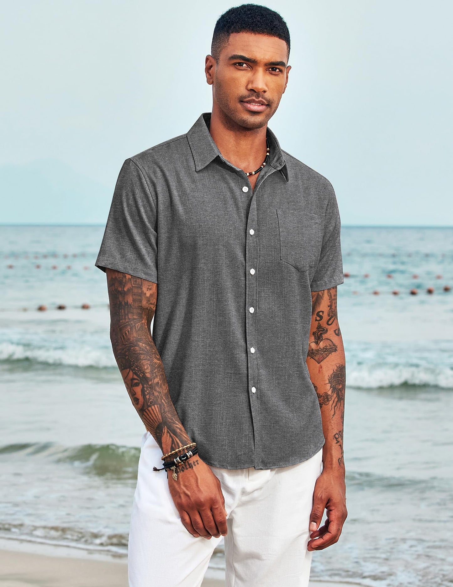 COOFANDY Men's Casual Button Down Shirt Chambray Plain Short Sleeve Dress Shirt
