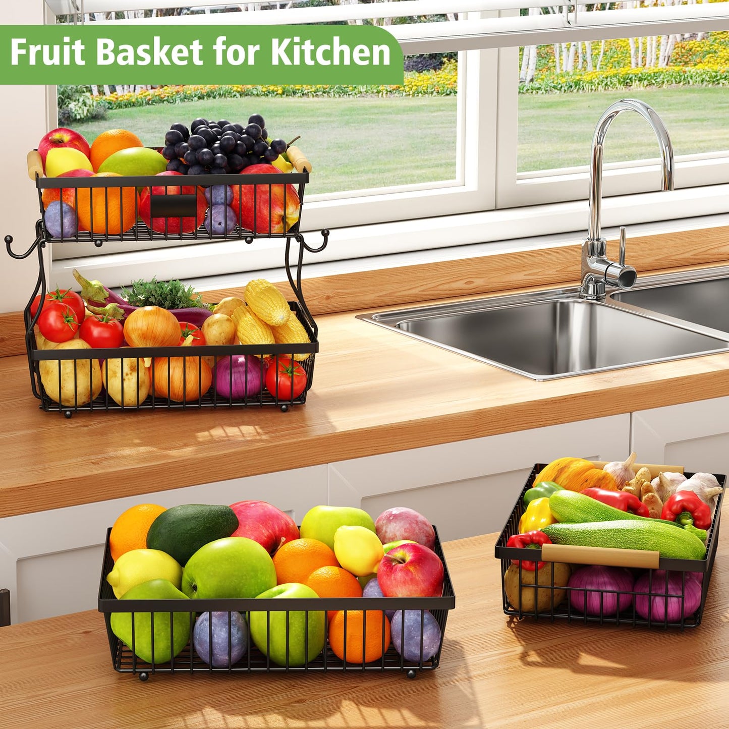 Astrorhine 2 Tier Fruit Basket for Kitchen with 2 Banana Hangers, Detachable Metal Fruit Bowl for Kitchen Counter with Wooden Handle, Large Capacity Storage Stand for Bread Snack Fruit Veggies, Black