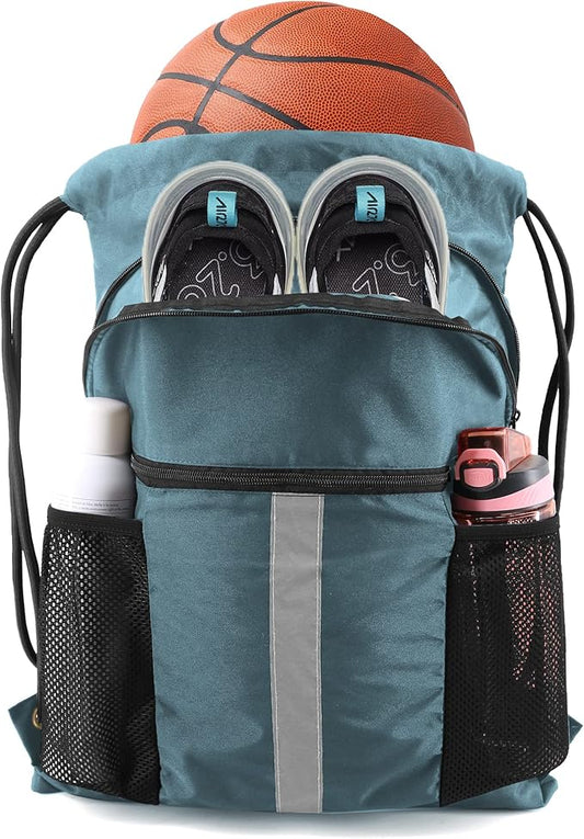 BeeGreen Drawstring Backpack Bag with Shoe Compartment, X-Large Black Gym Sports String Cinch Backpack