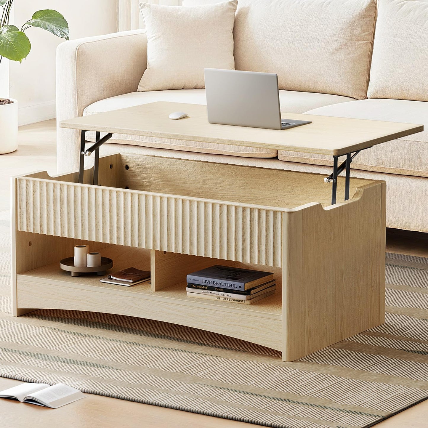 Marsail Lift Top Coffee Table with Open & Hidden Storage, Modern Fluted Coffee Table with Smooth Lift Mechanism, Sturdy Space-Saving Center Table for Home Living Room, Office, Natural Oak