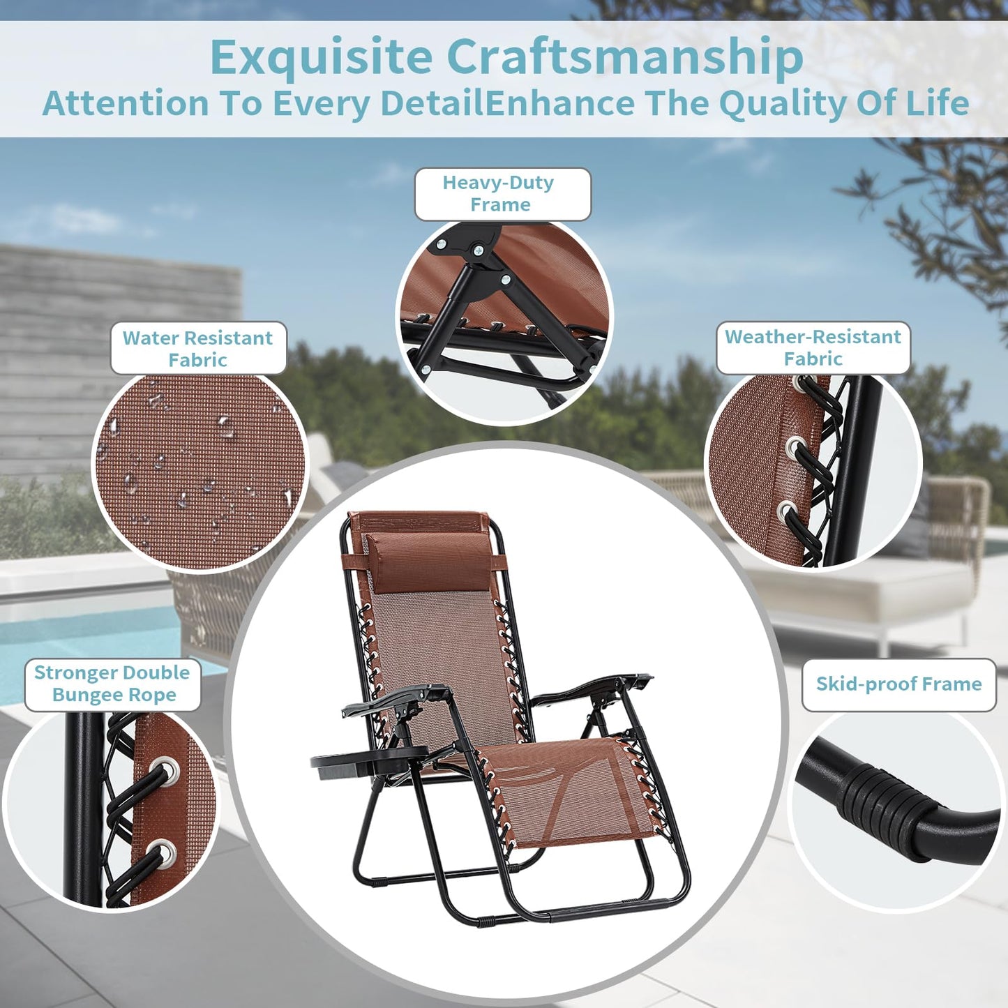 RICHRYCE Zero Gravity Chair Set of 2, 350 lbs Capacity, Reclining Folding Outdoor Chairs with Adjustable Headrest & Cup Holder, Anti - Gravity Loungers for Backyard, Patio, Lawn, Poolside (Brown)