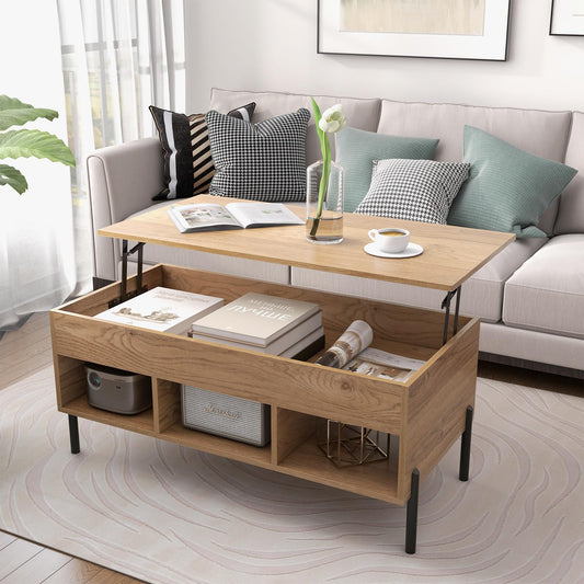 Giantex Lift Top Coffee Table - Rectangular Wooden Table w/Hidden Compartment & Open Storage Shelves, Multifunctional Modern Flip Top Center Table for Living Room, Reception Room, Office (Natural)