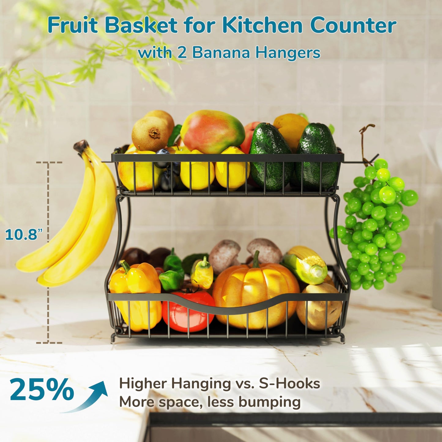 Zurklulu 2-Tier Fruit Basket for Kitchen Counter with 2 Banana Hangers – Metal Fruit Bowl for Onion, Vegetable, Snacks, Breads Storage – Countertop Organizer – Black, Large