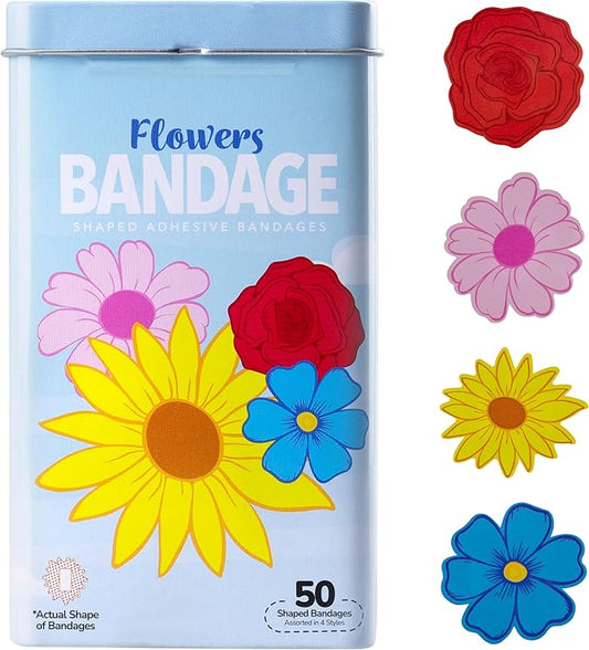 BioSwiss Bandages, Flowers Shaped Self Adhesive Bandage, Latex Free Sterile Wound Care, Fun First Aid Kit Supplies for Kids and Adults, 50 Count