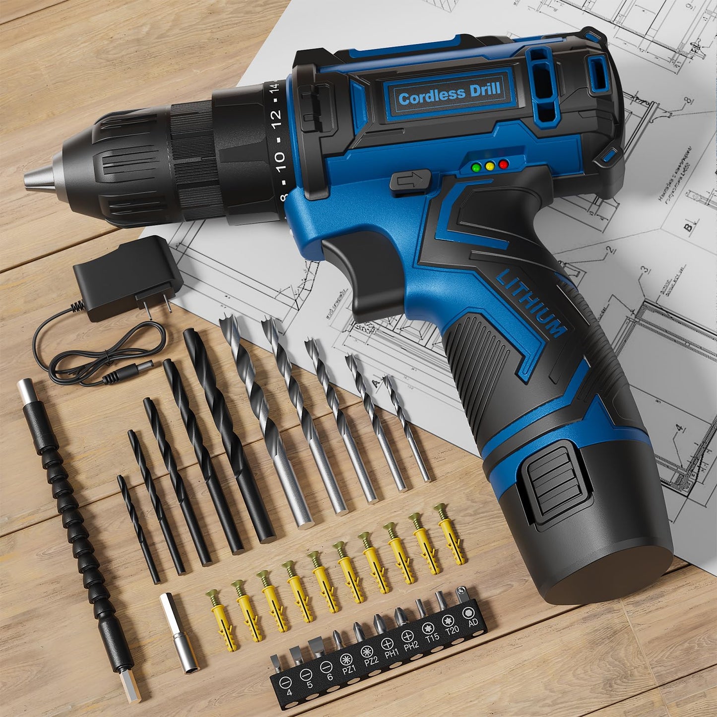 Cordless Drill Set,12V Power Drill Driver 3/8" Keyless Chuck with 42 Acessories, Built-in LED Light, 25+1 Position, Electric Drill for Home DIY Projects（Blue）