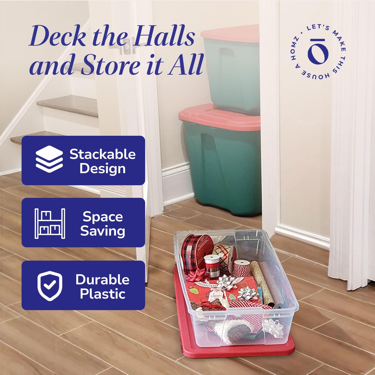 HOMZ 2-Pack Holiday Tote, Clear Plastic Storage Organizer Bins with Lids, 41 Quart, Red - Stackable Organizing Containers for Christmas Ornament Decorations, Gift Wraps, and Crafts