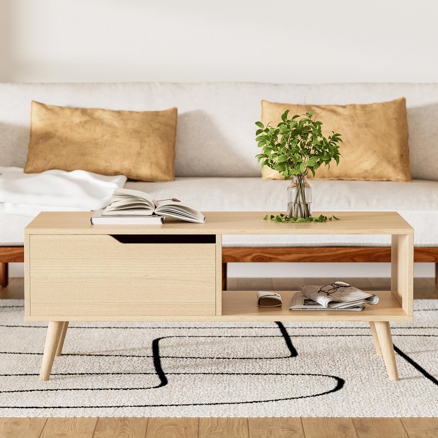 DIYART Oak Coffee Table, Mid Century Modern Coffee Table with Drawer & Shelf, 39'' Wooden Simple Console Table for Living Room