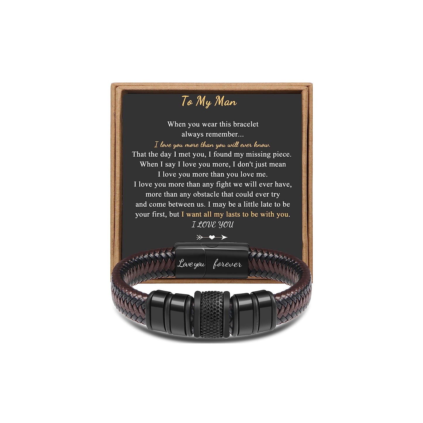 𝐆𝐢𝐟𝐭 𝐟𝐨𝐫 𝐌𝐞𝐧 Braided 𝐋𝐞𝐚𝐭𝐡𝐞𝐫 𝐁𝐫𝐚𝐜𝐞𝐥𝐞𝐭 for Men Dad Husband Boyfriend Son Grandson Brother Stainless Steel Clasp Engraved with Love You Forever Jewelry Birthday Gift 7.5 8.5 9 Inch