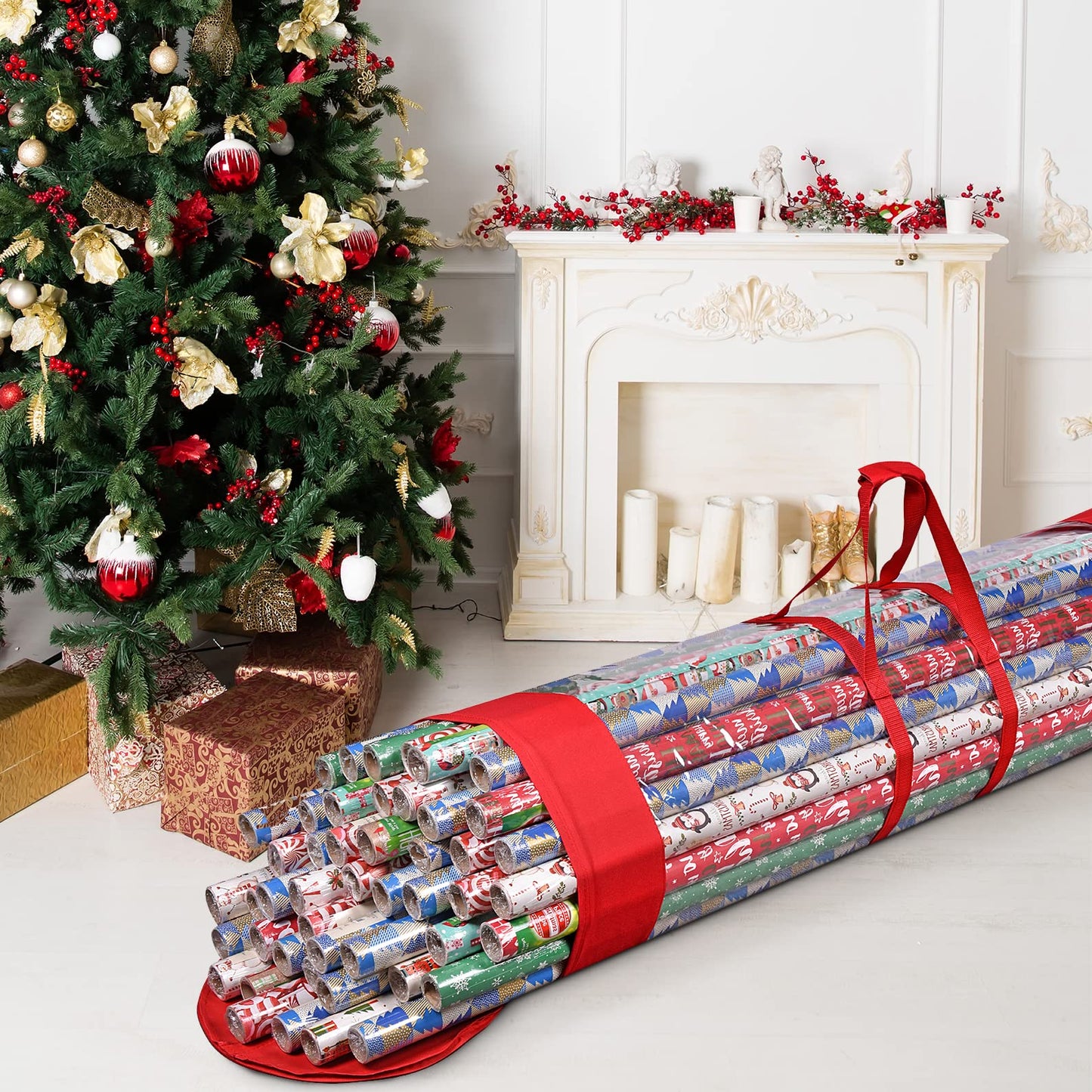 ProPik Gift Wrap Organizer, Wrapping Paper Storage Bag, Fits Holiday Papers 40 Inch Long, Holds Up To 24 Rolls, Heavy Duty Clear PVC Bag with Handles (Red & Clear)