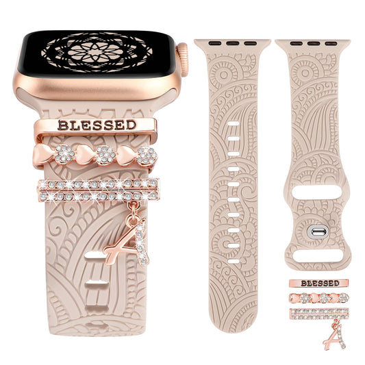 Decorative Rings Loops Compatible with Apple Watch Bands Charms 42mm 41mm 40mm 38mm Women, Boho Engraved Pretty Dressy Straps Metal Accessories for iWatch Series 10 9 SE 8 7 6 5 4 3 2 1(With Band)