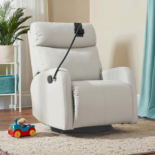 CHSICFOR Modern Recliner, Swivel Glider Chair, Nursery Reclining Sofa with Lumbar Support, Adult Soft Padded Faux Leather, 360 Free Rotation, Removable Phone Holder, Gray