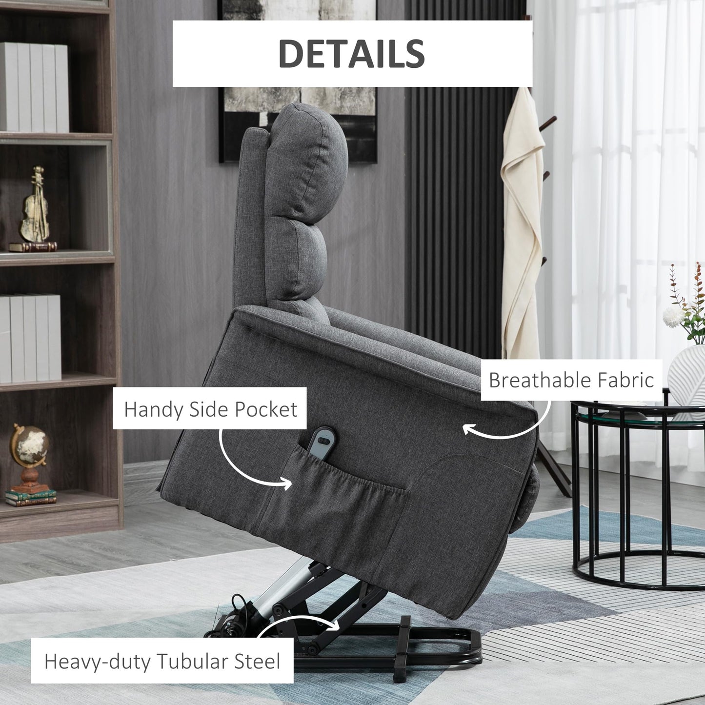 HOMCOM Power Lift Recliner Chair for Elderly, Easy Assembly, Fabric Lift Chair for Adults, Recliner Sofa with Remote Control, Side Pockets for Living Room, Gray