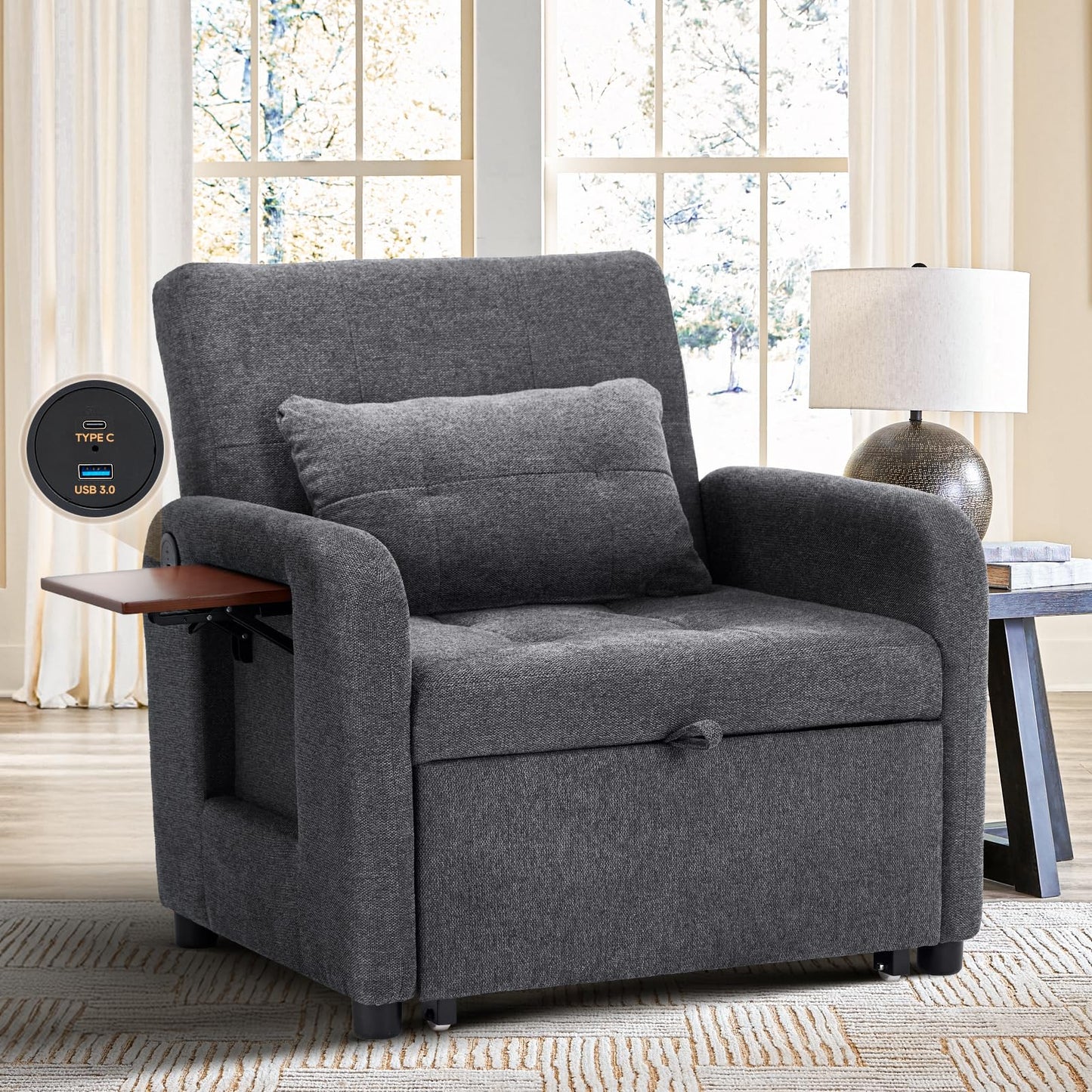 COLAMY Convertible Sleeper Chair-Fabric Futon Sofa Bed, Single Sleeper Sofa, Small Couch Bed with USB Port, Foldable Table, Pillow, Adjustable Backrest for Dorm/Bedroom/College Darkgrey