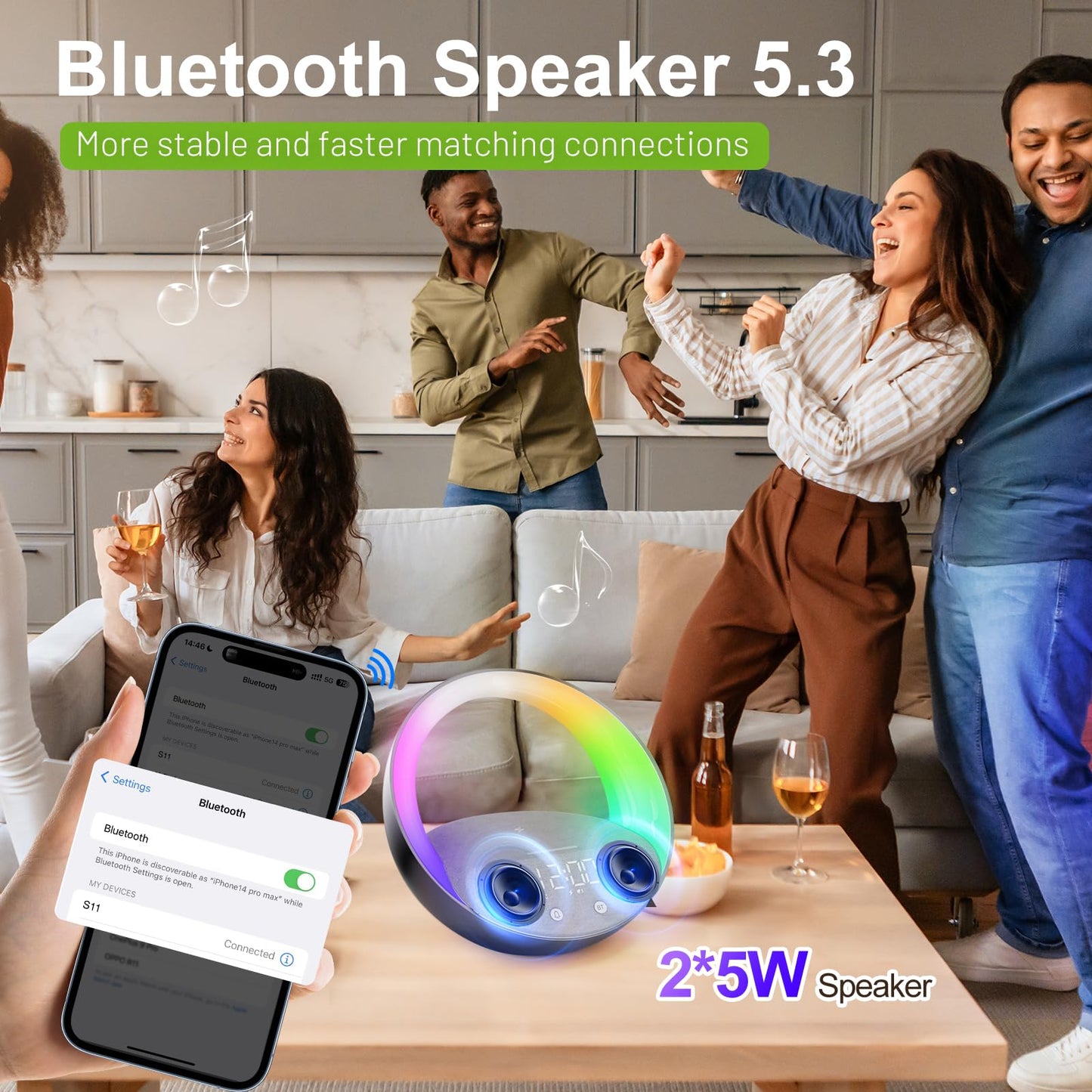 FUNFOR Bluetooth Alarm Clock, Sunrise Simulation Wake Up Night Light, 15W Fast Wireless Charging Alarm Clock for Bedroom, 10W Bluetooth Stereo Sound Speaker, USB Charger Port