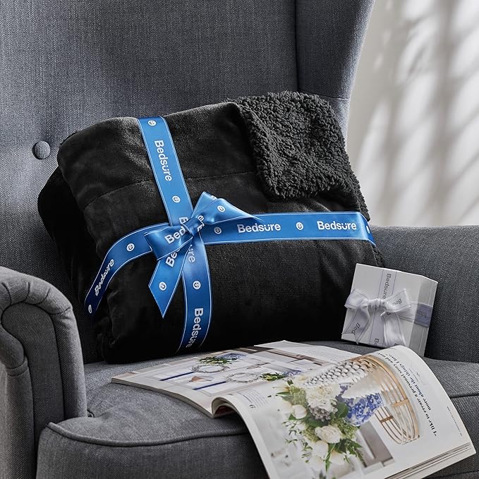 Bedsure Sherpa Fleece Throw Blanket Twin Size for Couch - Thick and Warm, Soft Fuzzy Plush Twin Blanket for Winter, Black, 60x80 Inches