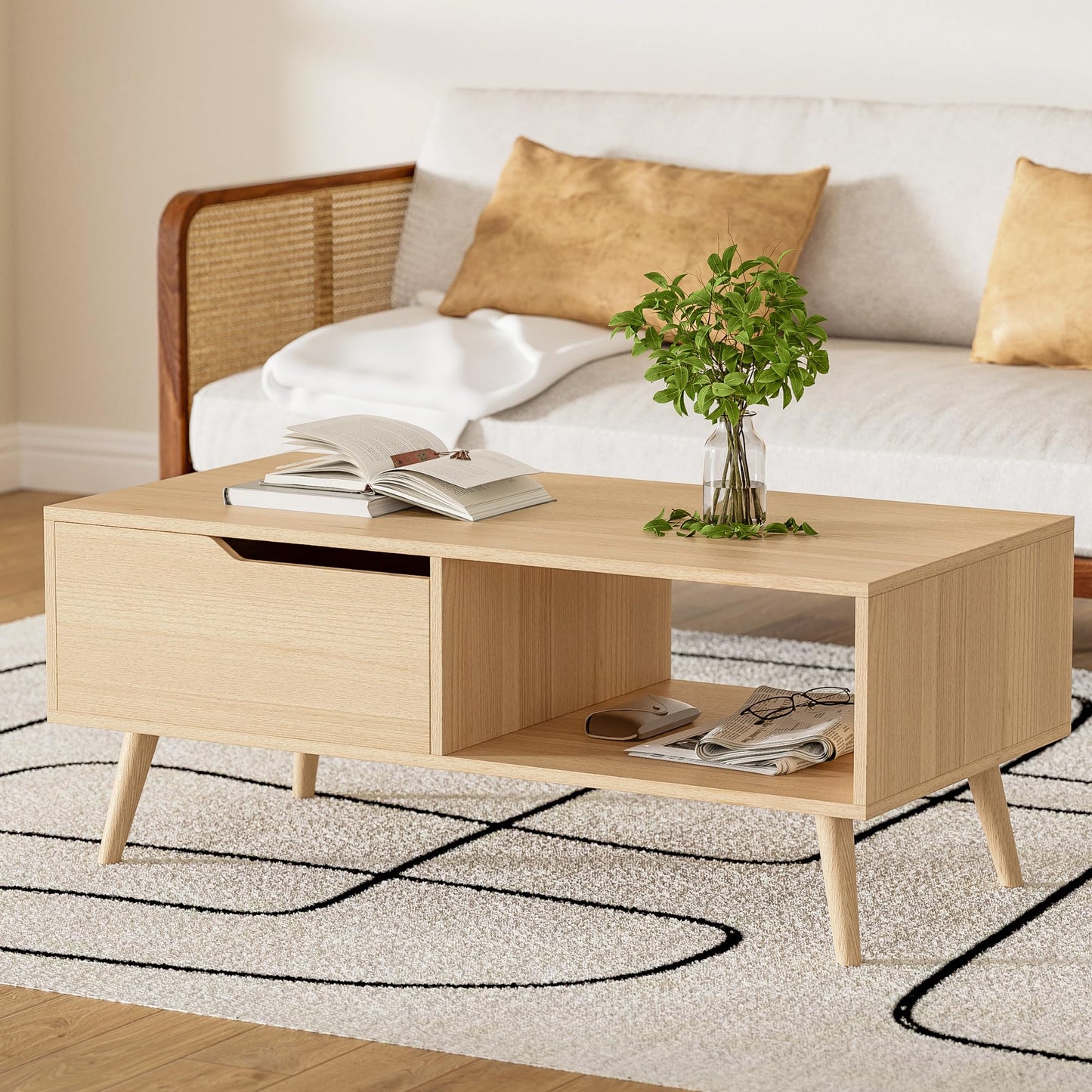 DIYART Oak Coffee Table, Mid Century Modern Coffee Table with Drawer & Shelf, 39'' Wooden Simple Console Table for Living Room