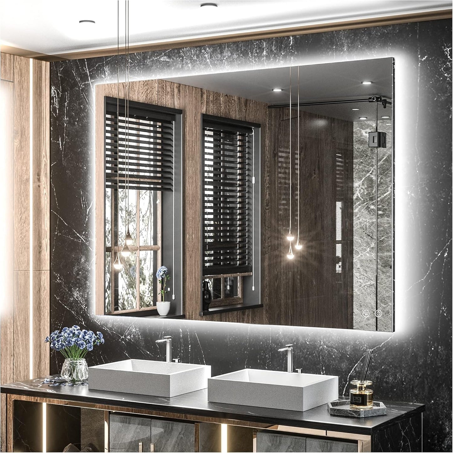 TETOTE 40 x 32 LED Backlit Bathroom Mirror with Light,3Color White/Warm/Natural,Anti-Fog Lighted Mirror,Dimmable,Vanity Mirror,Wall Mounted