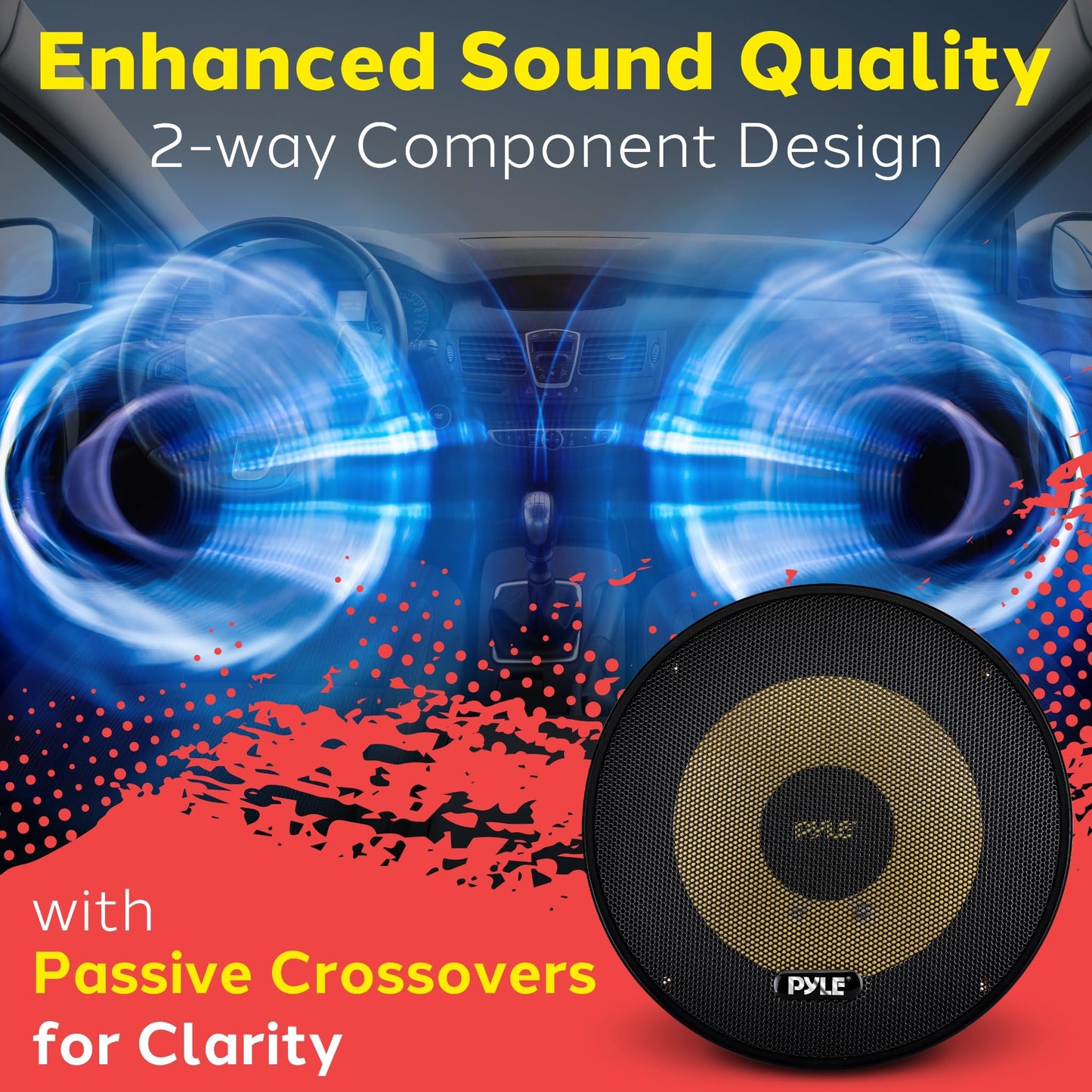 Pyle 2 Way Custom Component Speaker System - 6.5” 400 Watt, with Electroplated Plastic Basket, Butyl Rubber Surround & 40 Oz Magnet Structure - Wire Installation Hardware Set Included - PLG6C, Yellow