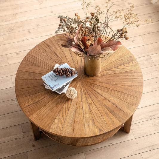 DS-HOMEPORT Wood Round Coffee Table for Living Room, 2 Tier Circle Coffee Table with Storage, Rustic Natural Coffee Table for Apartment, Easy Assembly (Espresso,35" Dx35 Wx18 H)