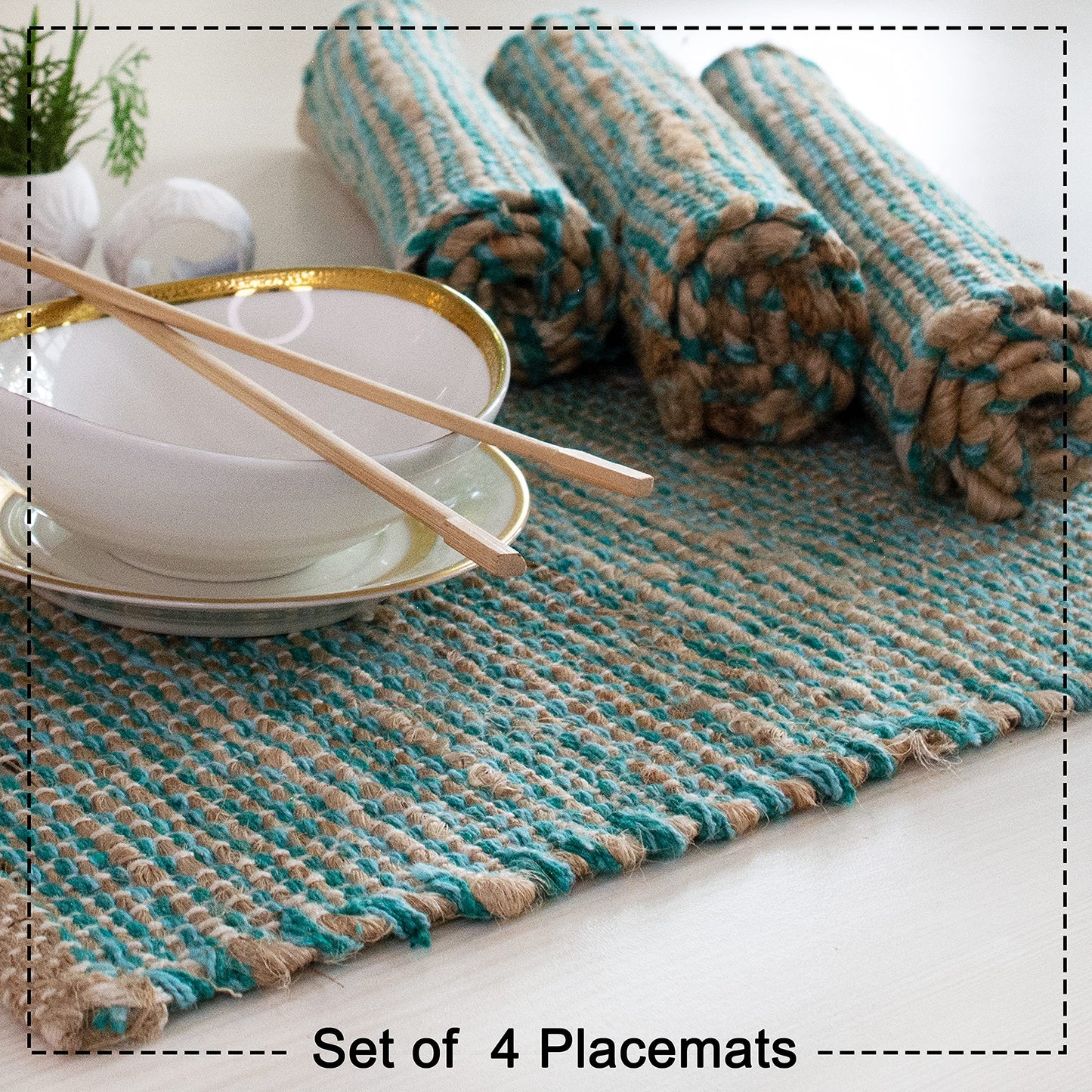Chardin home | Natural Jute Placemats Set of 4 | 13x19 Inch. Rustic Farmhouse Place mats | Table mats Colors - Natural Jute and Aqua Turquoise