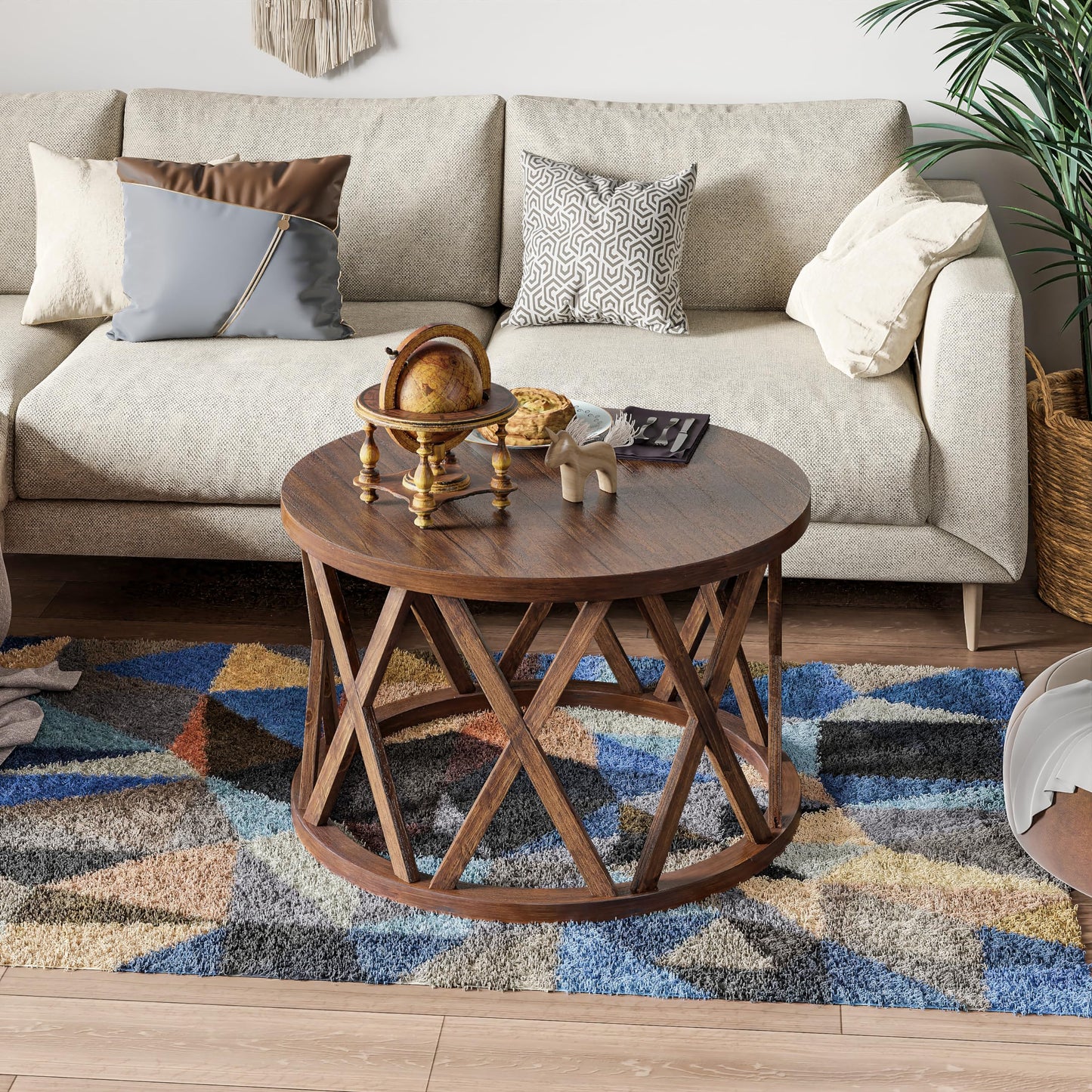 COZAYH Rustic Farmhouse Coffee Table, Round Coffee Table with X-Motifs Legs, Wood Textured Top, for Boho, French Country Decor, Brown