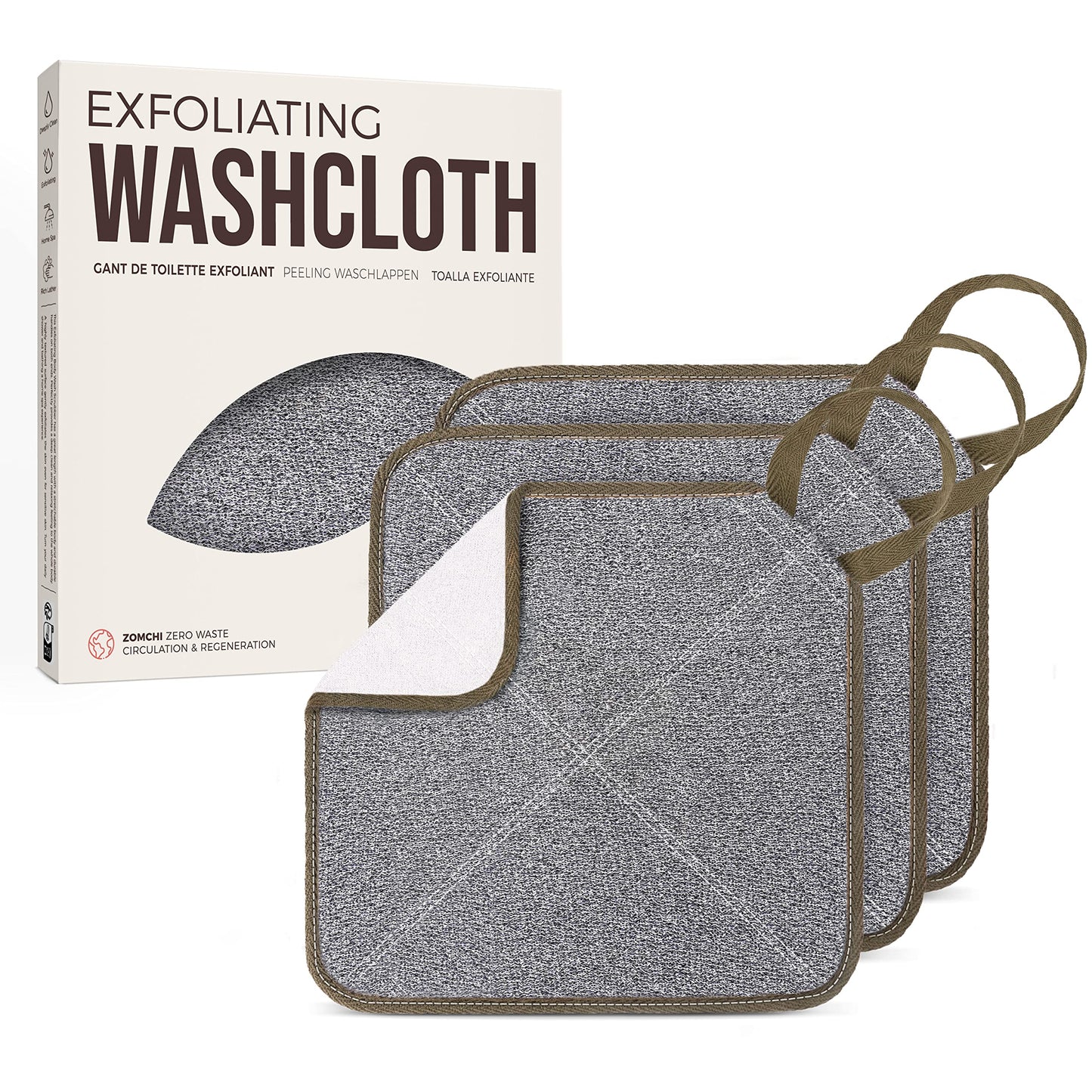 ZOMCHI Exfoliating Washcloth for Face and Body, Dual Function Wash Cloth with Soft and Rough Sides, Exfoliating Scrub Bath Towels, Washcloth with Loop (White, 3 Pack)