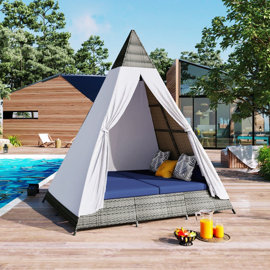 GO 90.5" Length Outdoor Lounge Bed with Decorative Pillows, Wicker Patio Daybed with Cushions, Canopy Design, Gray & Blue